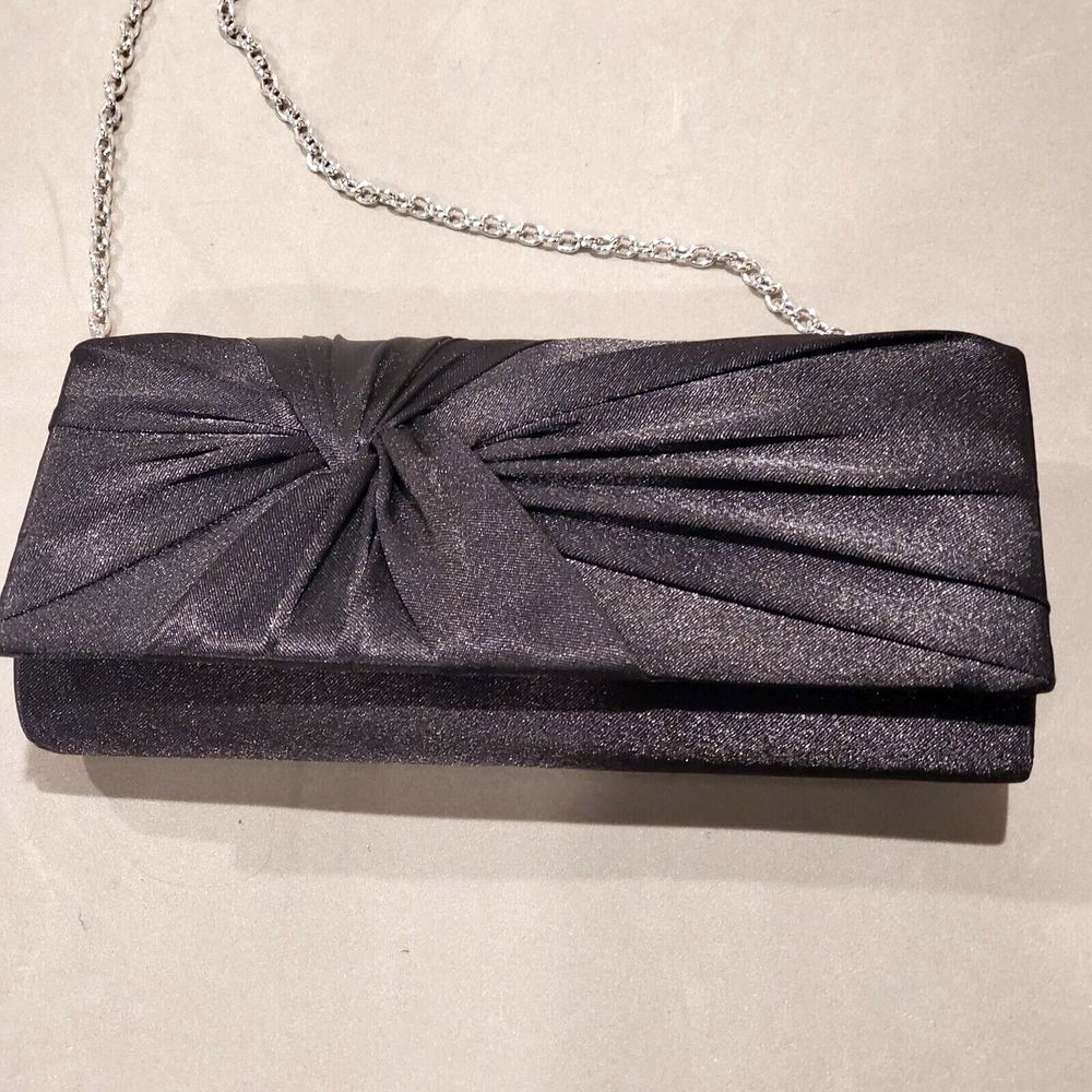 Charming Charlie RSVP Clutch Purse Black 8”x4” Metallic Bow Shoulder Chain Strap